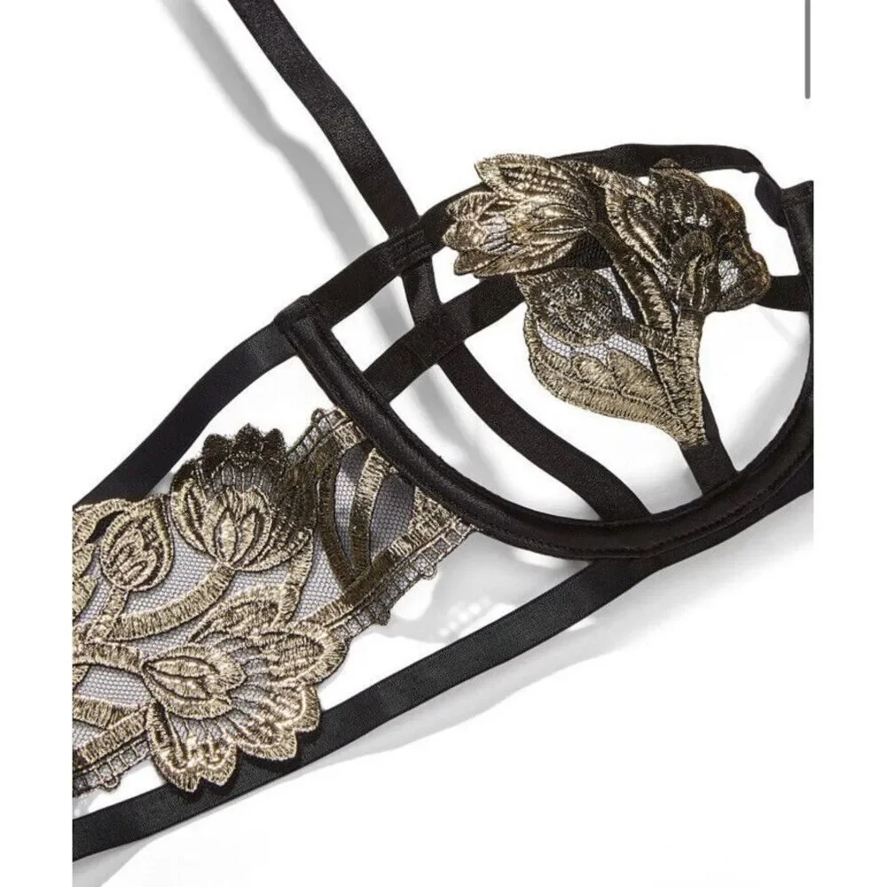Victoria's Secret Embroidered‎ Open Cup Bra String Bikini Set 36C / S Black Gold
